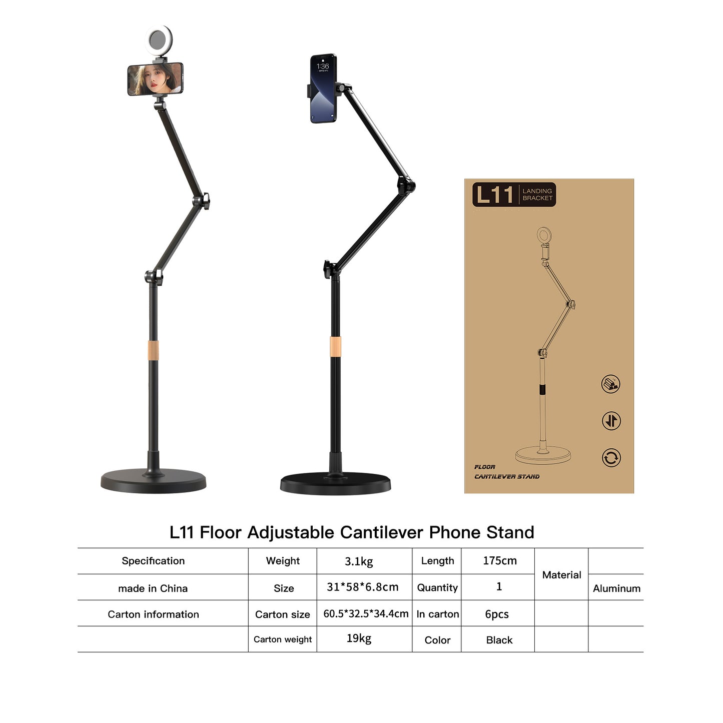 Phone Stand Overhead Stand, Adjustable Cell Phone Holder, Multiangle, 3-Part Adujustable,Horizontal Recording Stand, Compatible with 3.5-11" Phone/Tablet/iPad/iPhone, Black