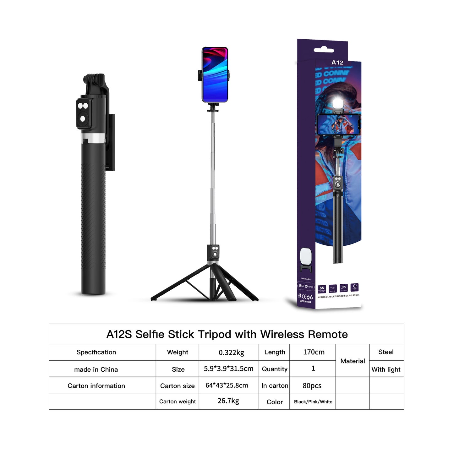 Selfie Stick Tripod with Light, 66.9'' Selfie Stick with Wireless Remote, Portable Phone Tripod Compatible with iPhone 15 Pro Max/15/14 Pro/14/13, Samsung S22/ S23 Ultra/Android Smartphone