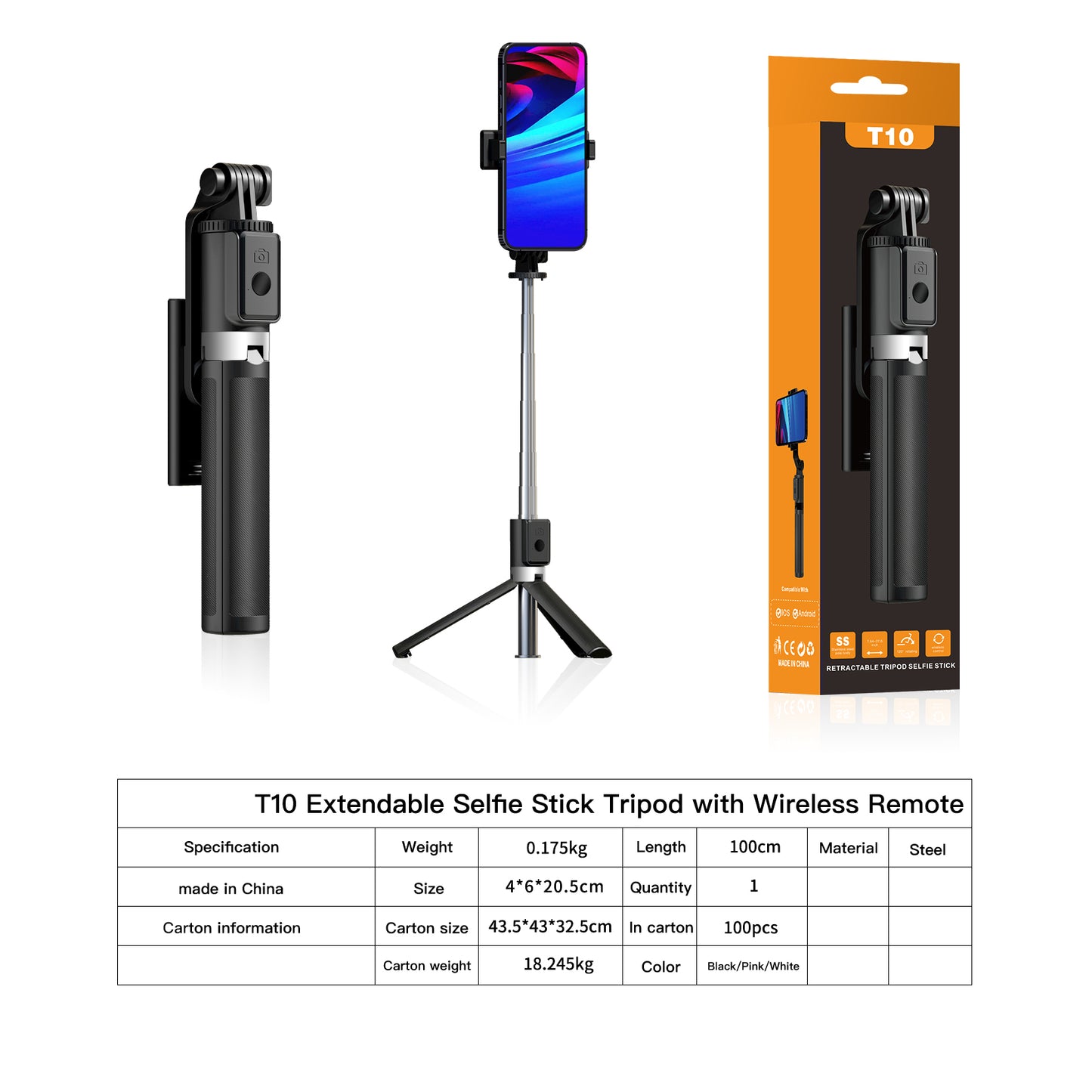 Selfie Stick Tripod with Remote，Aluminum Alloy Phone Tripod, Bluetooth Remote and 270°Rotation Stand Compatible with iPhone and Android Phone